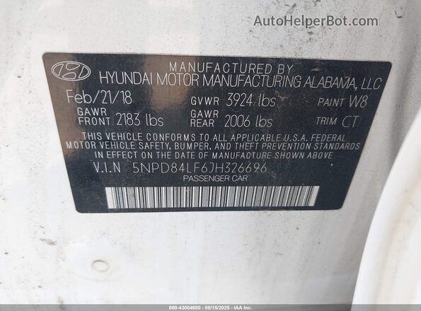 5NPD84LF6JH326696 2018 HYUNDAI ELANTRA White ძრავის განყოფილების ხედი