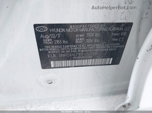 5NPD84LF9JH257759 2018 HYUNDAI ELANTRA White Engine compartment view