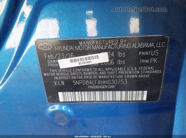 5NPD84LFXHH030753 2017 HYUNDAI ELANTRA Blue ძრავის განყოფილების ხედი