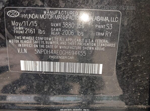 5NPDH4AE0GH694455 2016 HYUNDAI ELANTRA Черный Вид подкапотного пространства