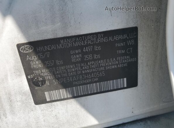 5NPE34AF8JH640565 2018 HYUNDAI SONATA White Vista de la etiqueta del VIN