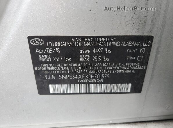 5NPE34AFXJH701575 2018 HYUNDAI SONATA Silver Vista de la etiqueta del VIN