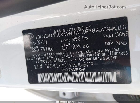 5NPLL4AG3MH015219 2021 HYUNDAI ELANTRA White Вид підкапотного простору