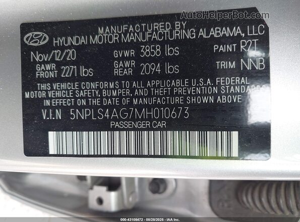 5NPLS4AG7MH010673 2021 HYUNDAI ELANTRA Silver Vista del compartimento del motor