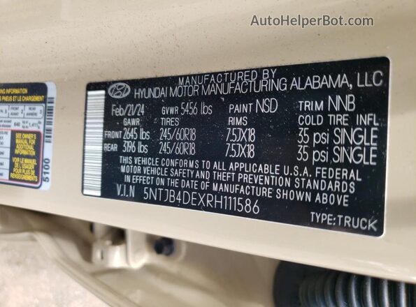 5NTJB4DEXRH111586 2024 HYUNDAI SANTA Beige VIN კოდის სტიკერის ხედი