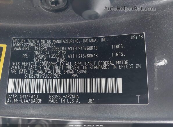 5TDBZRFH2JS912871 2018 TOYOTA LE Серый Вид подкапотного пространства
