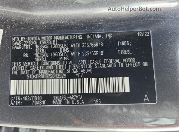5TDKDRBH8PS013929 2023 TOYOTA HIGHLANDER Gray Vista de la etiqueta del VIN