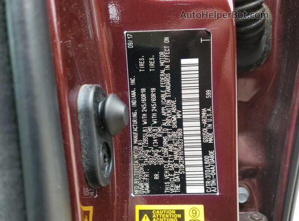 5TDKZRFH7HS231969 2017 TOYOTA HIGHLANDER Burgundy Вид наклейки з VIN-кодом