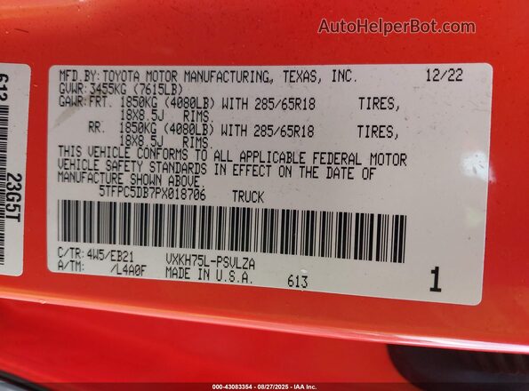 5TFPC5DB7PX018706 2023 TOYOTA TUNDRA HYBRID Orange Vista del compartimento del motor