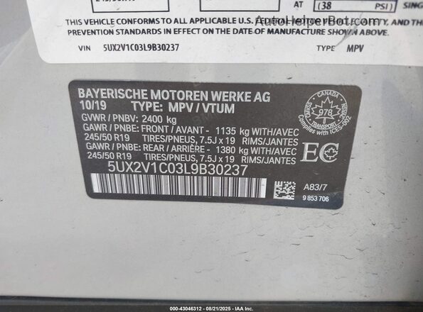 5UX2V1C03L9B30237 2020 BMW X4 Silver Widok komory silnika