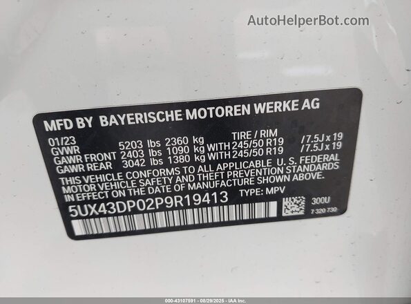 5UX43DP02P9R19413 2023 BMW X3 White Вид підкапотного простору