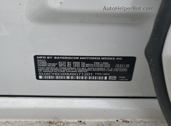 5UXCY6C0XM9G71201 2021 BMW X6 Белый Вид наклейки с VIN-кодом