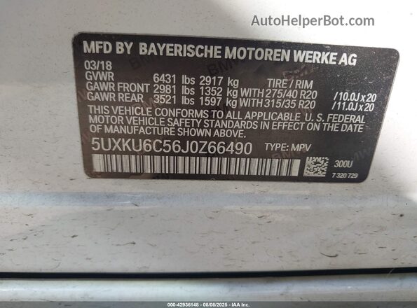 5UXKU6C56J0Z66490 2018 BMW X6 Белый Вид подкапотного пространства