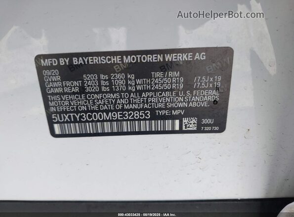 5UXTY3C00M9E32853 2021 BMW X3 White Շարժիչի բաժամունքի տեսք