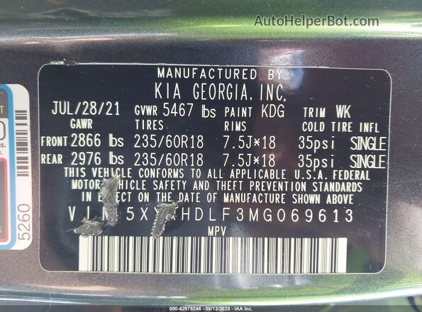 5XYRHDLF3MG069613 2021 KIA SORENTO Серый Вид подкапотного пространства