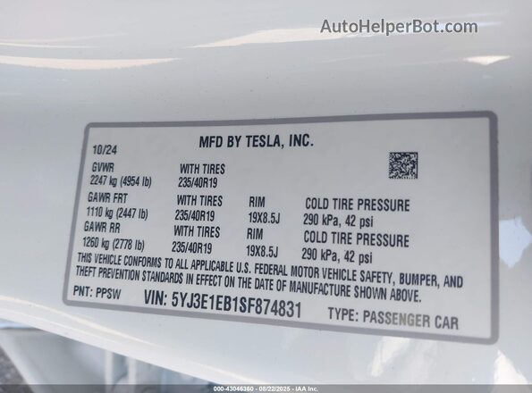 5YJ3E1EB1SF874831 2025 TESLA MODEL 3 Белый Вид подкапотного пространства