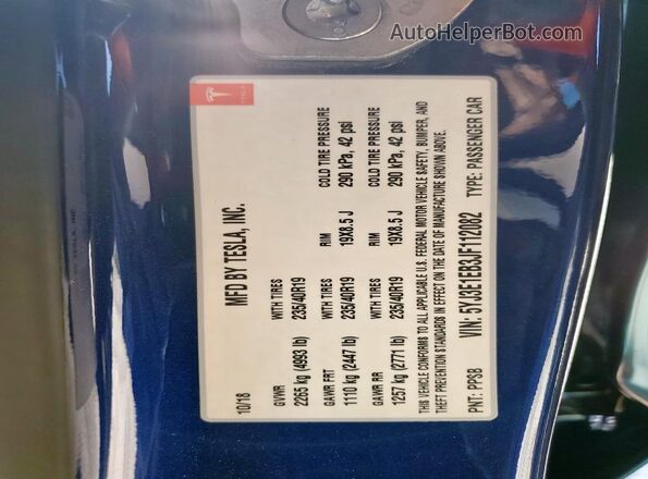 5YJ3E1EB3JF112082 2018 TESLA MODEL Blue VIN կոդի պիտակի տեսք