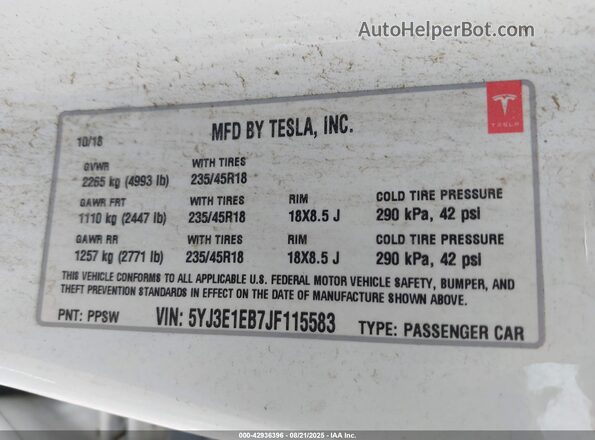 5YJ3E1EB7JF115583 2018 TESLA MODEL 3 Белый Вид подкапотного пространства