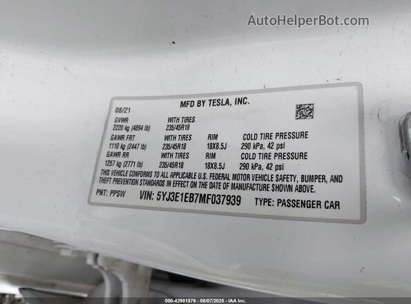 5YJ3E1EB7MF037939 2021 TESLA MODEL 3 Белый Вид подкапотного пространства