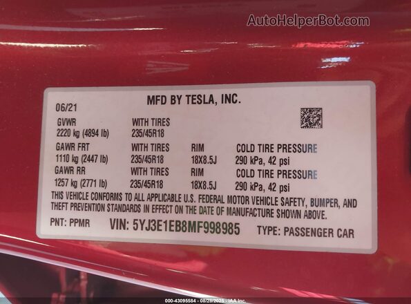 5YJ3E1EB8MF998985 2021 TESLA MODEL 3 Red Widok komory silnika