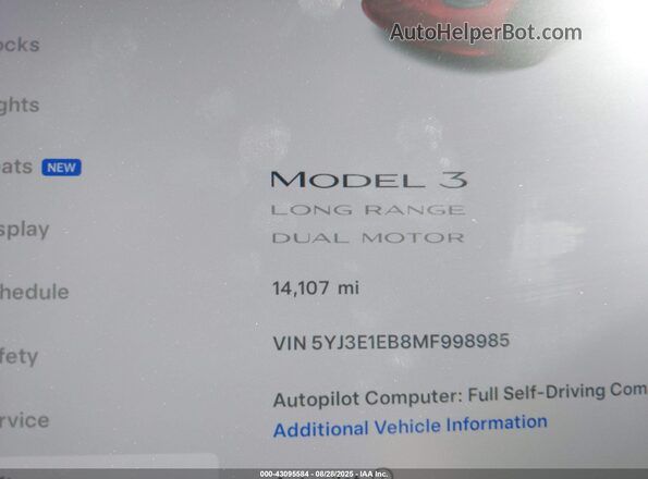 5YJ3E1EB8MF998985 2021 TESLA MODEL 3 Red Widok tylnych siedzeń