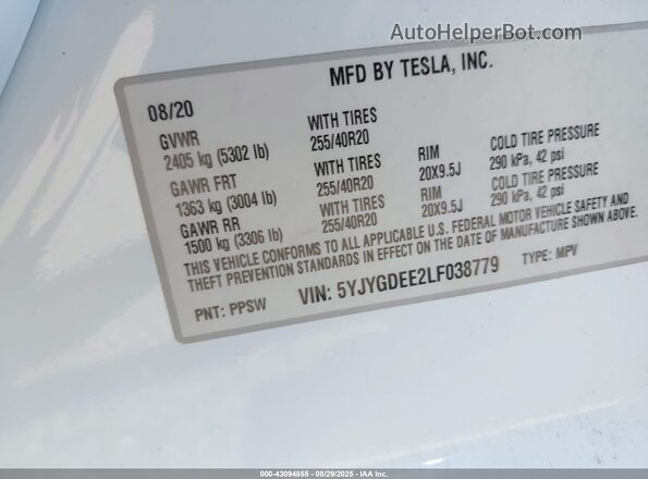 5YJYGDEE2LF038779 2020 TESLA MODEL Y White Widok komory silnika