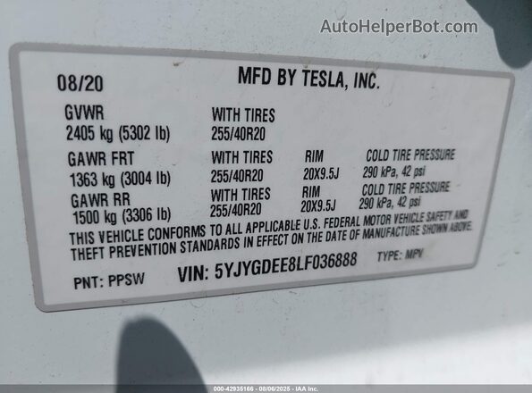 5YJYGDEE8LF036888 2020 TESLA MODEL Y Белый Вид подкапотного пространства