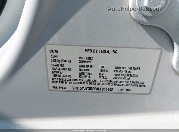 5YJYGDEE8LF044442 2020 TESLA MODEL Y Белый Вид подкапотного пространства
