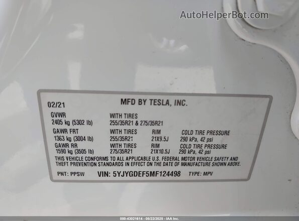 5YJYGDEF5MF124498 2021 TESLA MODEL Y White Вид підкапотного простору