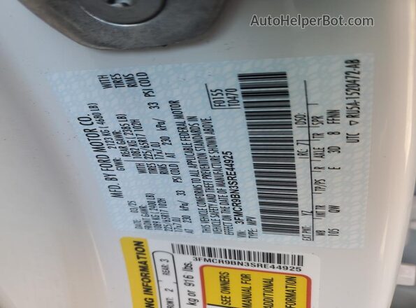 3FMCR9BN3SRE44925 2025 FORD BRONCO Белый Вид наклейки с VIN-кодом