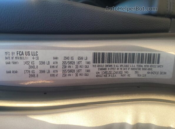 1C4RDJDG1JC401033 2018 DODGE DURANGO Silver Widok wnętrza z tyłu