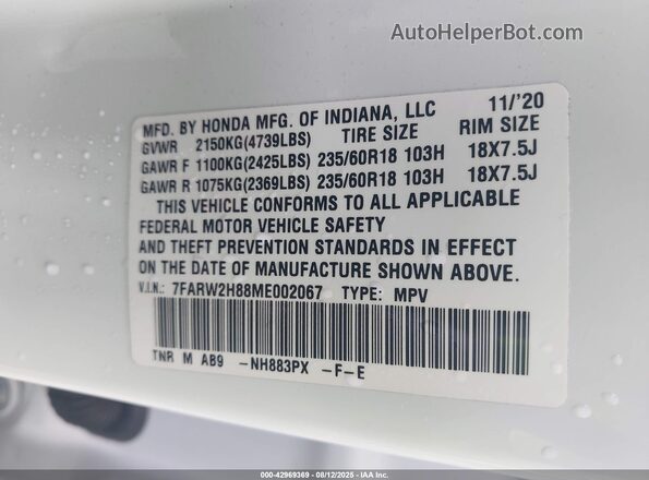 7FARW2H88ME002067 2021 HONDA CR-V White ძრავის განყოფილების ხედი