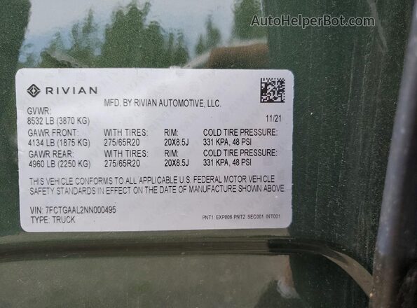 7FCTGAAL2NN000495 2022 RIVIAN R1T Зеленый Вид подкапотного пространства