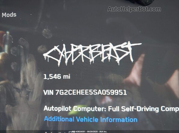 7G2CEHEE5SA059951 2025 TESLA CYBERTRUCK Серебряный 