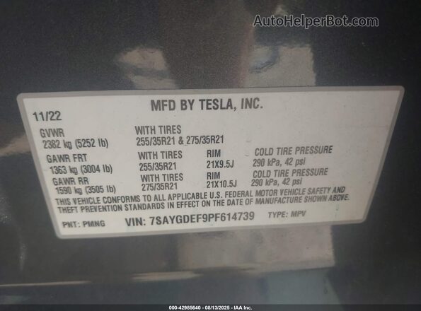 7SAYGDEF9PF614739 2023 TESLA MODEL Y Gray Widok naklejki z numerem VIN