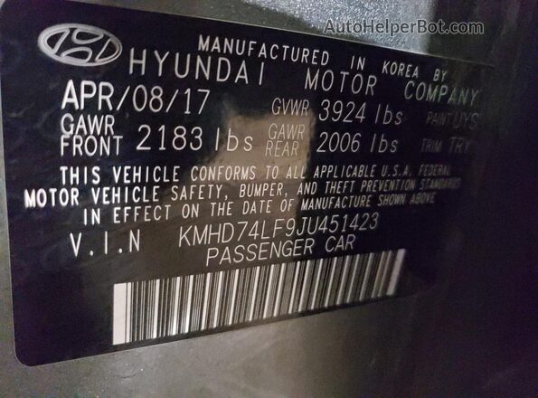 KMHD74LF9JU451423 2018 HYUNDAI ELANTRA Gray Вид наклейки з VIN-кодом