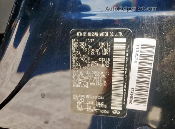 JN8AZ2NF3J9660344 2018 INFINITI QX80 Blue Вид наклейки з VIN-кодом