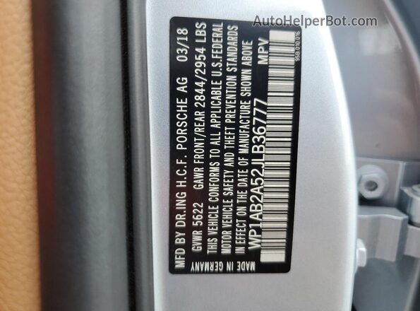 WP1AB2A52JLB36777 2018 PORSCHE MACAN Silver Vista interior de 360 grados