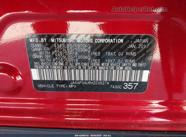 JA4AP3AU6HZ035274 2017 MITSUBISHI OUTLANDER SPORT Red Vista del compartimento del motor