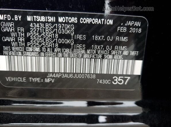JA4AP3AU6JU007638 2018 MITSUBISHI OUTLANDER Black Widok naklejki z numerem VIN