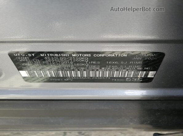 JA4AS3AA3LZ036573 2020 MITSUBISHI ECLIPSE Серебряный Вид наклейки с VIN-кодом