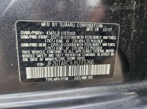 JF2GTABC9JH273266 2018 SUBARU CROSSTREK Gray VIN sticker view