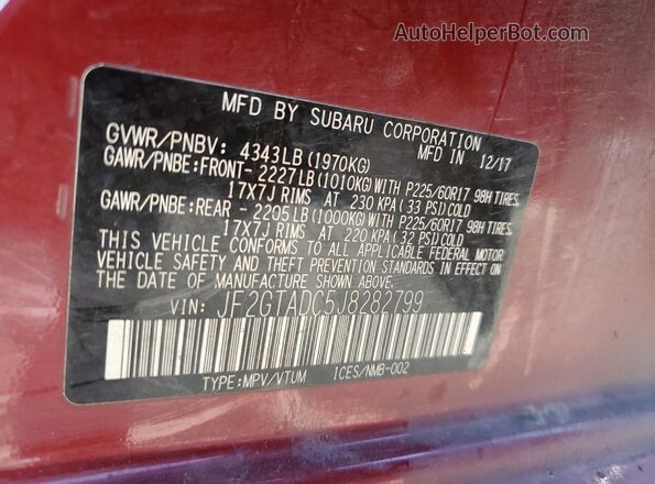 JF2GTADC5J8282799 2018 SUBARU CROSSTREK Бордовый Вид подкапотного пространства