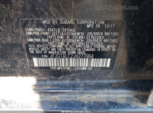 JF2GTALC2JH273964 2018 SUBARU CROSSTREK Gray Շարժիչի բաժամունքի տեսք
