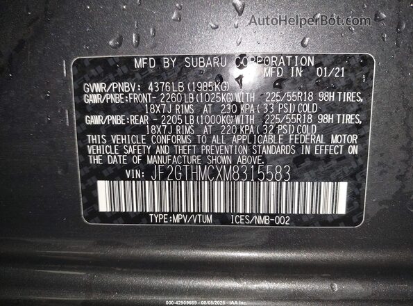 JF2GTHMCXM8315583 2021 SUBARU CROSSTREK Gray ძრავის განყოფილების ხედი
