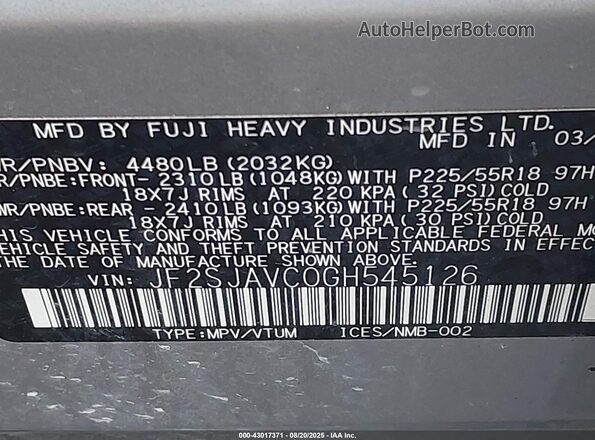 JF2SJAVC0GH545126 2016 SUBARU FORESTER 2.5I TO Серебряный Вид подкапотного пространства