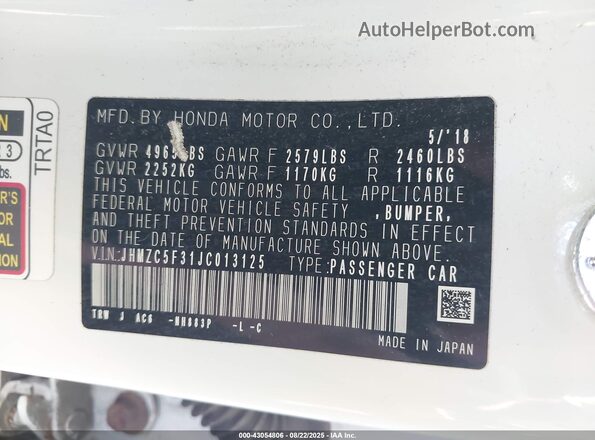JHMZC5F31JC013125 2018 HONDA CLARITY PLUG-IN HYBRID White Widok komory silnika