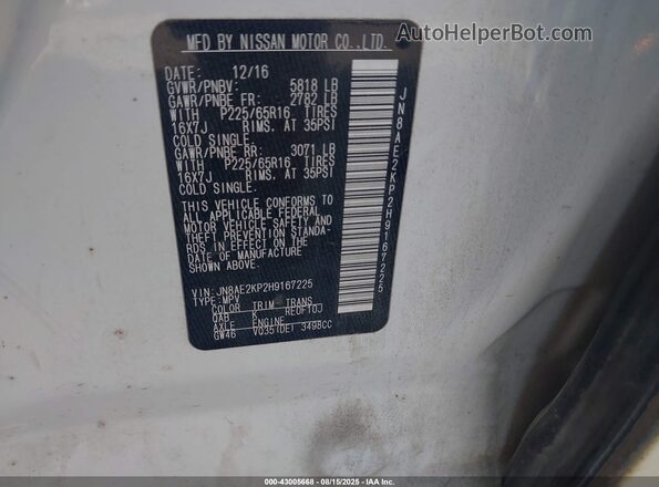 JN8AE2KP2H9167225 2017 NISSAN QUEST Белый Вид подкапотного пространства