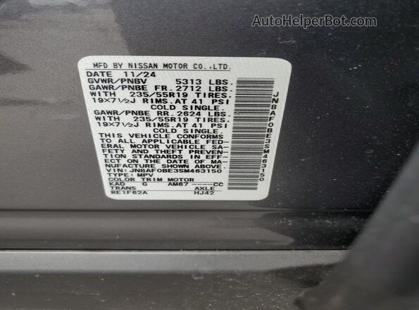 JN8AF0BE3SM463150 2025 NISSAN ARIYA Gray Vista de la etiqueta del VIN