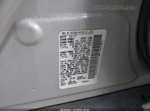 JN8AT2MT0JW454585 2018 NISSAN ROGUE Silver Շարժիչի բաժամունքի տեսք